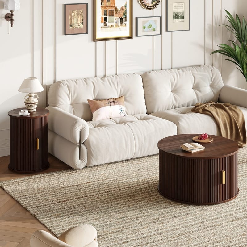 Mid Century Modern 74.8" TV Stand & Coffee Table Set for TVs up to 75", Wooden Media Console with Fluted Sliding Doors