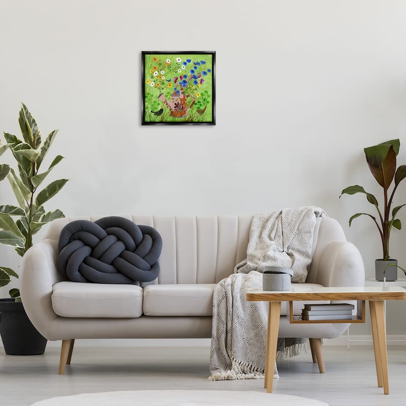 Stupell Bright Gardening Can & Birds Framed Floater Canvas Wall Art Design By Kay Widdowson