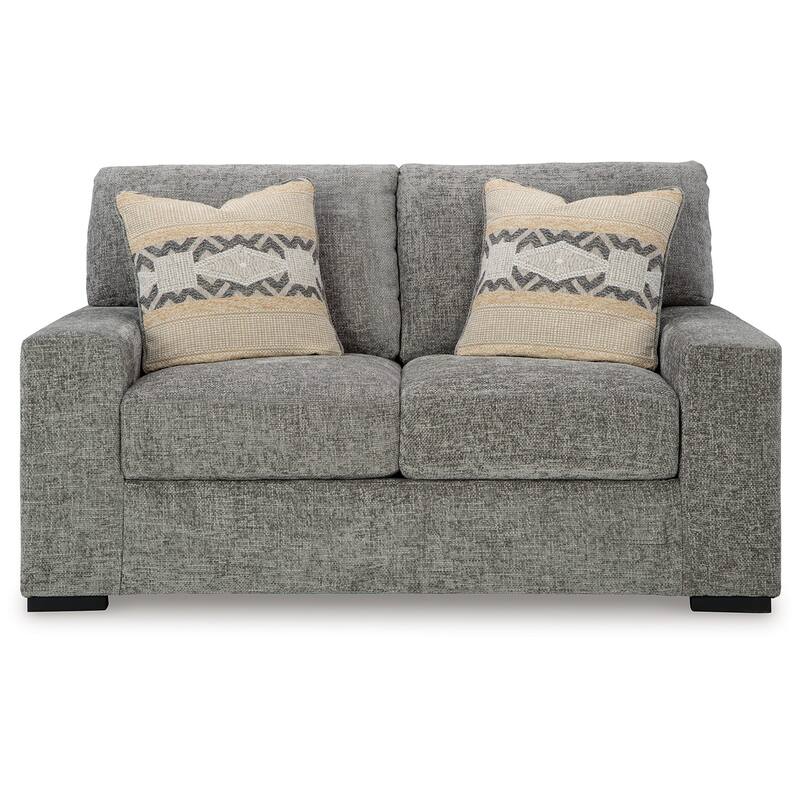 Mord Loveseat, 71 Inch Soft Light Gray Polyester, 2 Throw Pillows