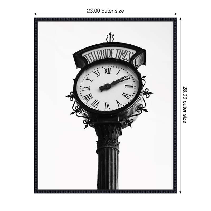 Vintage Street Clock with Marked Telluride Times by Del Mundo Imagery Framed Canvas Wall Art Print - Sylvie Beaded Black - 23 x 28 in