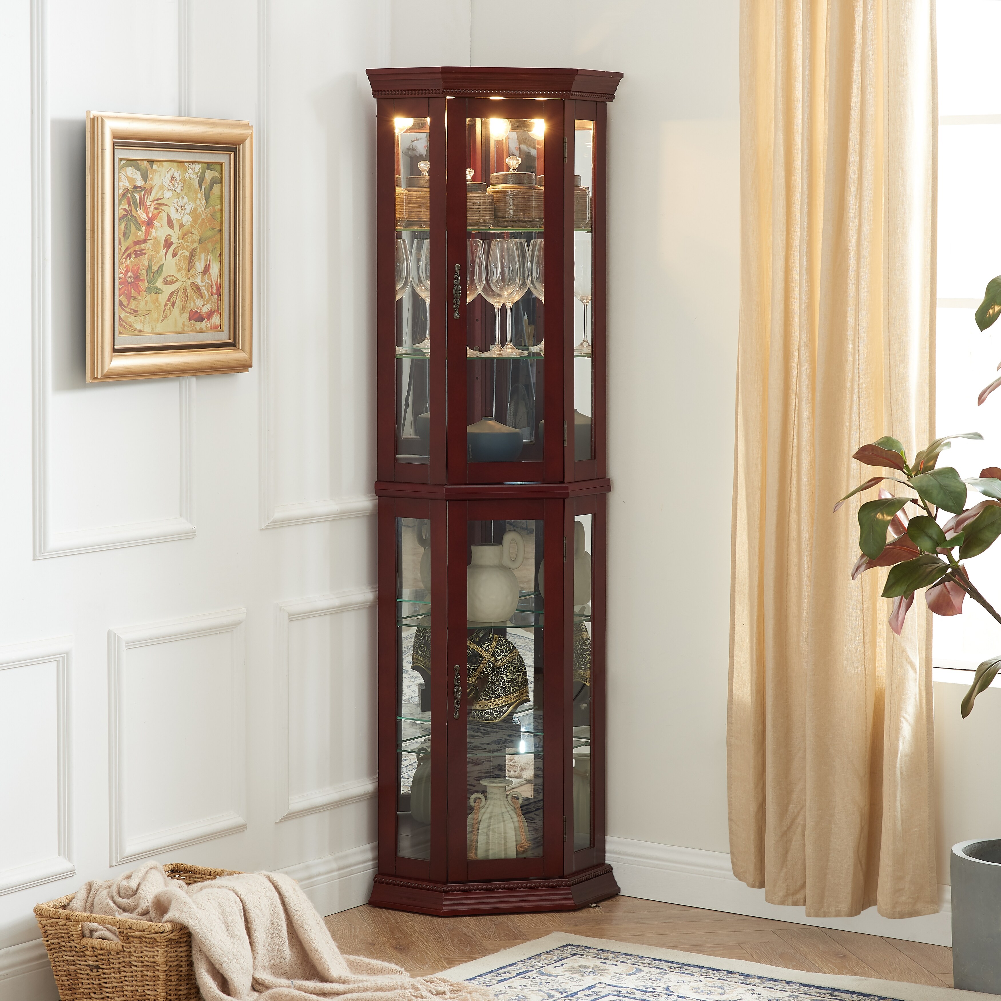 Corner Curio Cabinet with Lights Adjustable Tempered Glass Shelves Mirrored Back Display Cabinet E26 light bulb not included On Sale Bed Bath Beyond 40817186