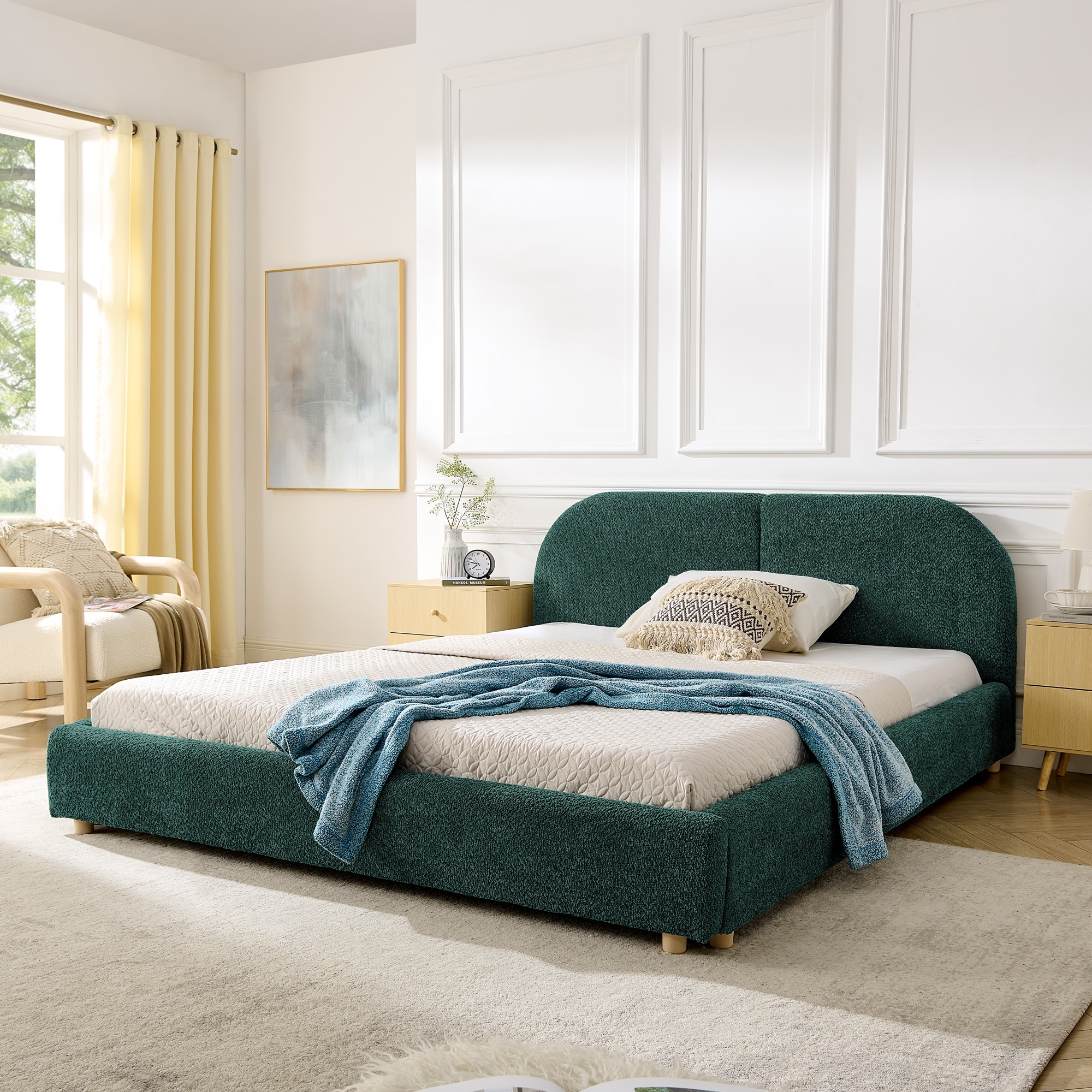 Queen Size Upholstered Bed, Modern Minimalist, Tall Curved Headboard, Premium Circle Yarn, Sturdy Legs