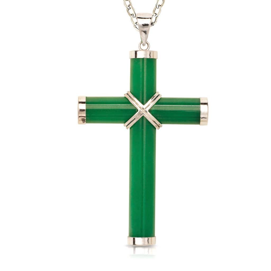 Curata 925 Sterling Silver 18" Men's Extra-large Green Jade Cross Necklace (35mm x 60mm)