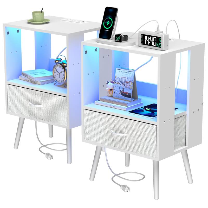 2 Pack Modern Nightstand with Charging Station, Bedside Tables with LED Light and Fabric Drawers