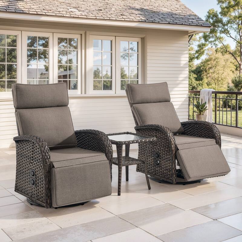 Meyreso 3-Piece Wicker Swivel Reclining Chaise Lounge with Adjustable Backrest & Footrest