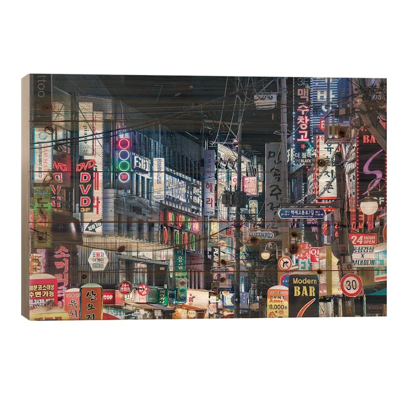 Colorful Neon Billboards At A Street In The Songpa Nighlife District, Seoul Print On Wood by Jan Becke - Multi-Color - 18x26x1.5