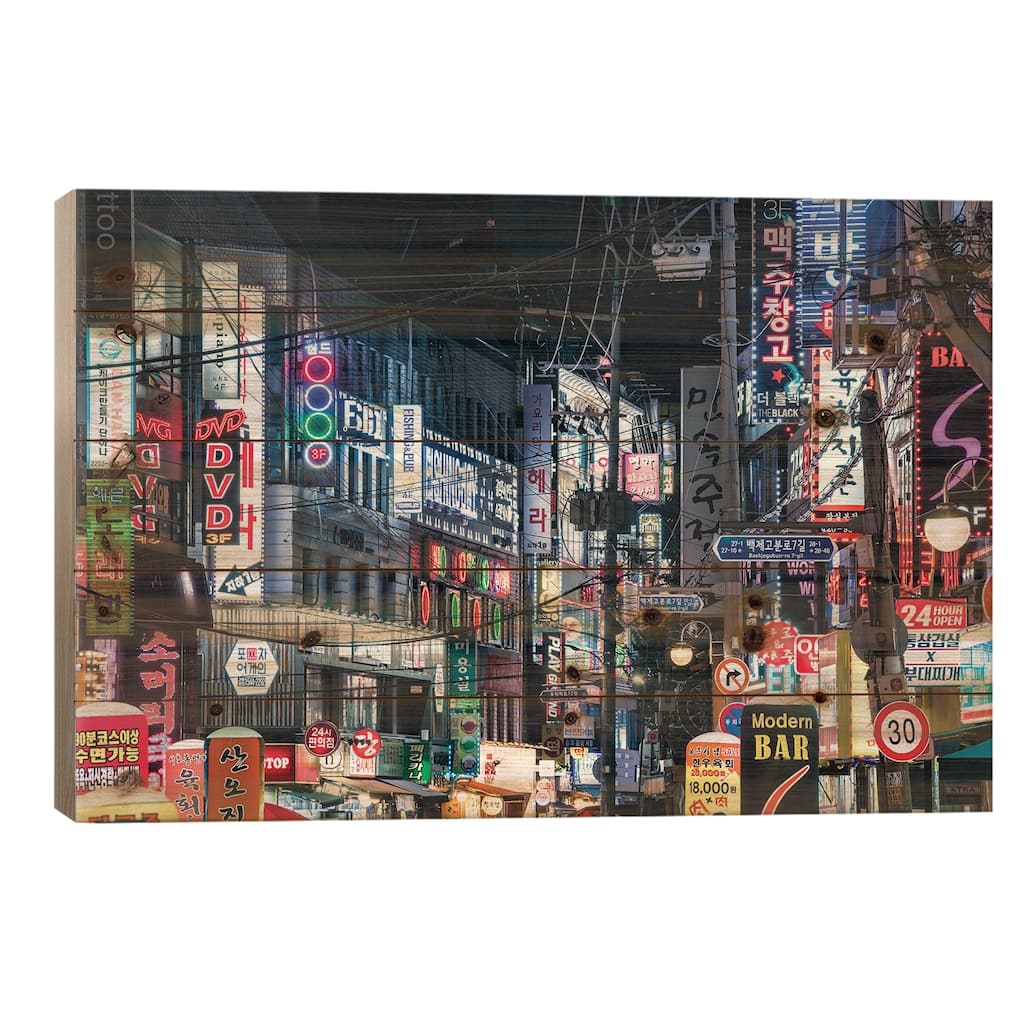 Colorful Neon Billboards At A Street In The Songpa Nighlife District, Seoul Print On Wood by Jan Becke - Multi-Color