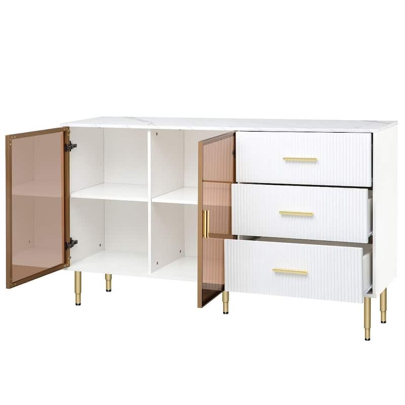 60" Modern Kitchen Accent Buffet Sideboard Cabinet with Amber-yellow Tempered Glass Doors