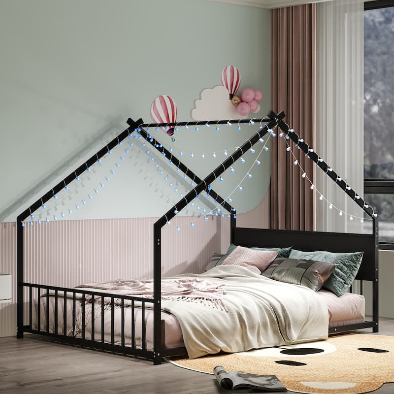 Full Size Platform Bed with LED Lights & Sideboard (450lb Capacity, Low-Profile Design)