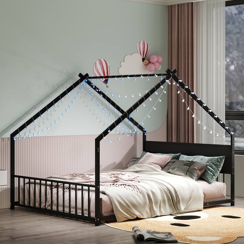 House Bed with Roof and Colorful Lights, House-shaped Frame Floor Bed with House Roof Frame, Metal Bed Frame with Slats and Legs