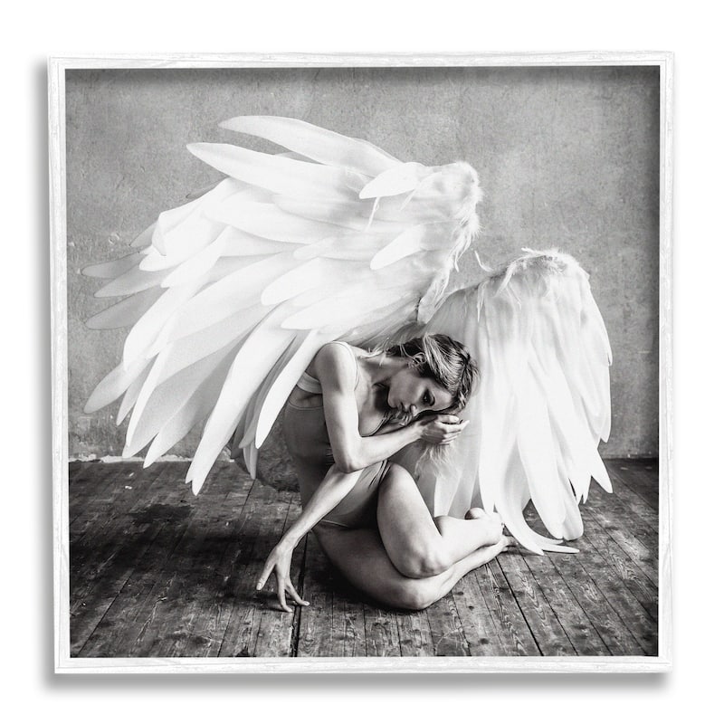Stupell Magical White Angel Wings Woman Monochrome Photography Framed Wall Art - Grey - 12 x 12 - White