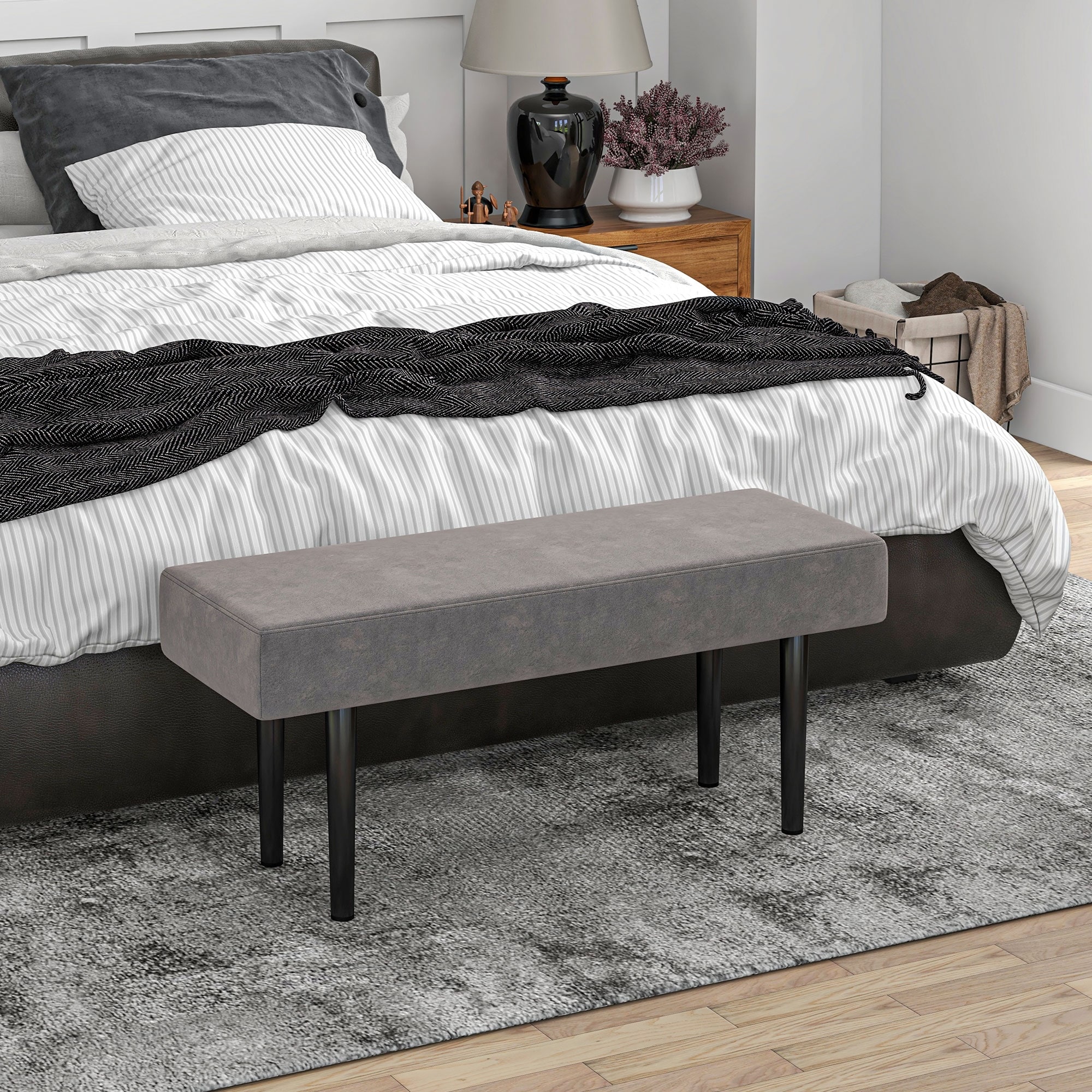 HOMCOM 39" End of Bed Bench, Upholstered Entryway Bench with Steel Legs, Bedroom Bench, Gray