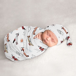 Sweet Jojo Designs Vintage Airplane Boy Baby Cocoon and Beanie Hat Sleep Sack 2pc Set- Transportation Clouds Sun Sky Aviator Red