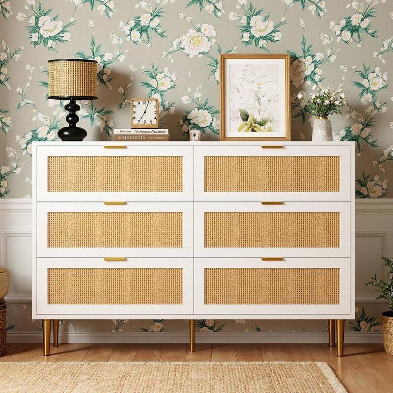 6 Drawers Tall Rattan Dresser, with Metal Legs and Handles - White