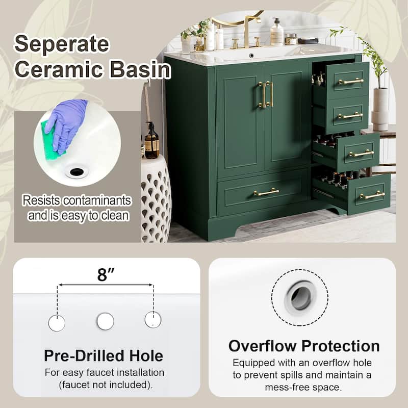 36" Traditional Bathroom Vanity with Ceramics Sink and 4 Drawers