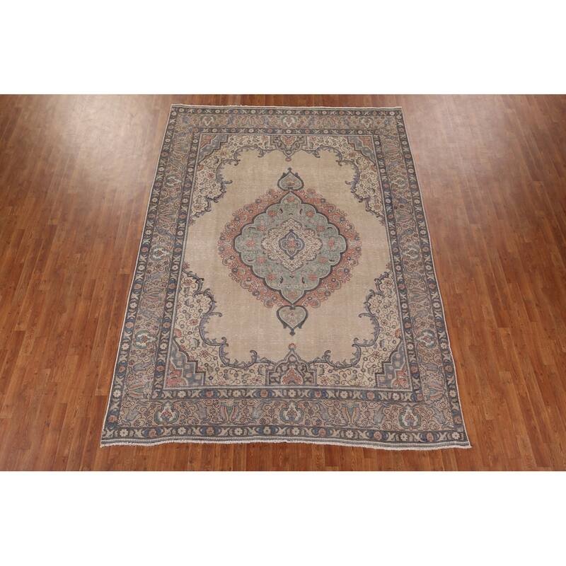 Distressed Tabriz Persian Vintage Area Rug Handmade Beige Wool Carpet - 7'10" x 11'1"