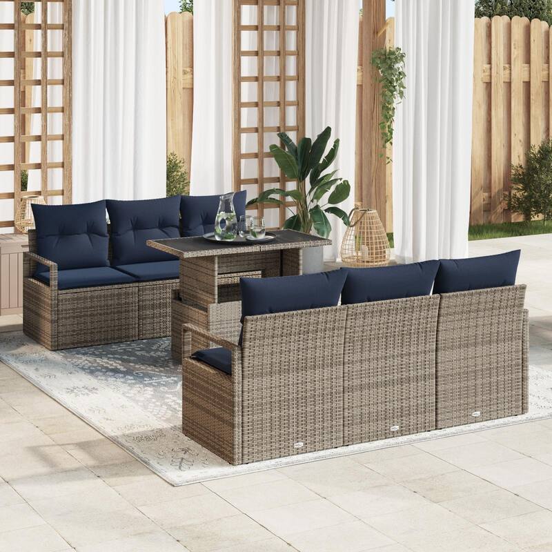 vidaXL 7 Garden Sofa Set with Cushions Black/Brown/Grey Poly Rattan - 68.9 x 24.4 x 27.2 - Grey
