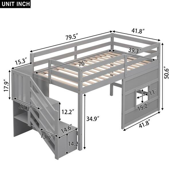 Twin Size Loft Kids Bed Frame with Storage Staircase and Window for Safe and Fun Sleeping Space, Safety Guaranteed, Grey