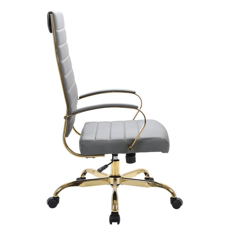 Benmar High-Back Leather Office Desk Chair in Brushed Gold Steel Frame Cushion Padded Armrests Tilt Lock Swivel Ergonomic Chair