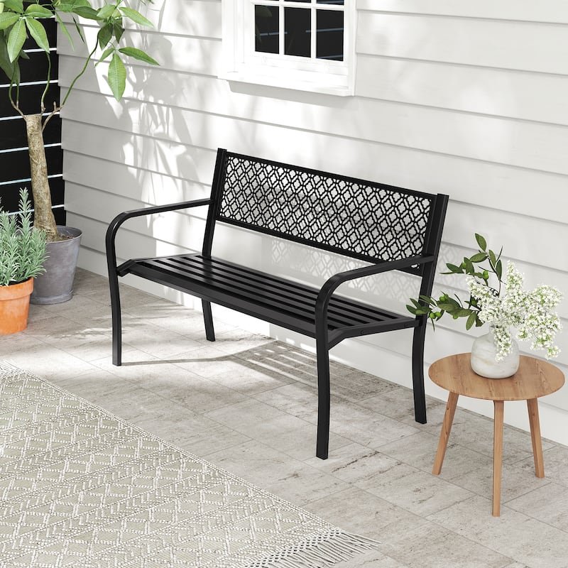 Metal Garden Bench with Lattice Backrest and 790 lbs. Weight Capacity - 50" L x 23" W x 32" H - Black