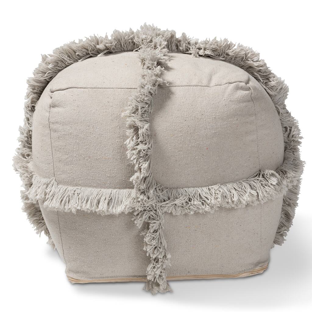 Alfro Moroccan Inspired Grey Handwoven Cotton Fringe Pouf Ottoman