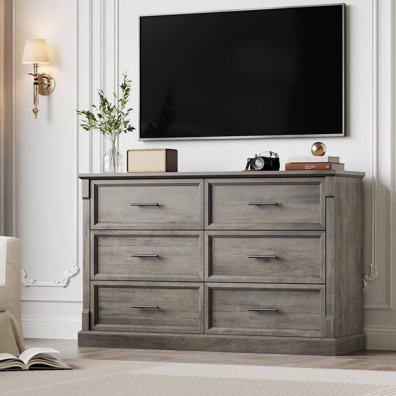Farmhouse 6 Drawer Dresser for Bedroom, Rustic Chest of Drawers with Metal Handles, Large Double Dresser TV Stand
