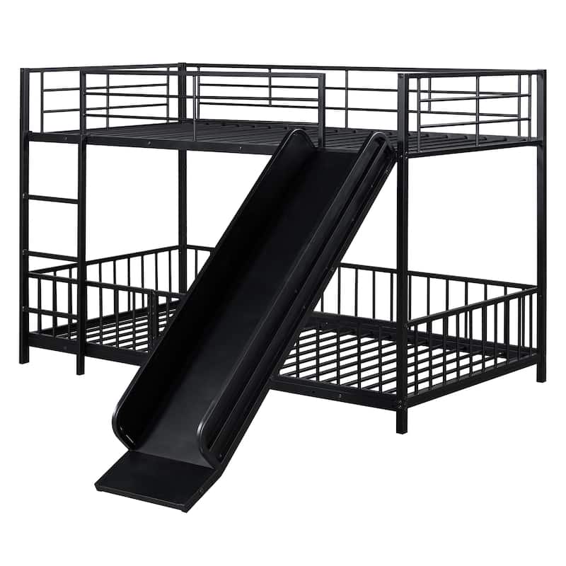 Black Twin over Twin Size Metal Bunk Bed with Slide and Guardrails for Kids