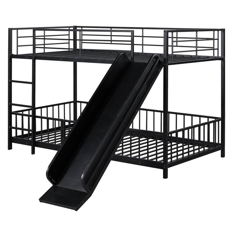 Twin over Twin Metal Bunk Bed with Slide, Guardrails, and Convertible Loft Design, Black