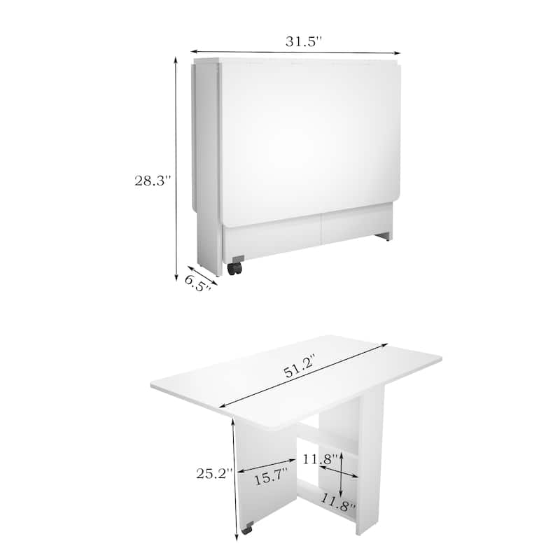 Roomfitters Foldable Dining Table with Drop Leaf, Space Saving Kitchen Table for Small Homes and Compact Rooms, White