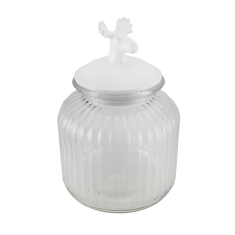 Decorative Clear Ribbed Glass Jar W White Deer Head Lid 10 Inch Overstock 16750595