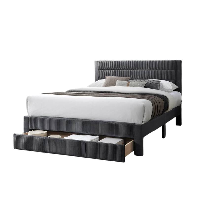 Heo Queen Size Bed w Storage Drawer, Dark Gray Corduroy Upholstery