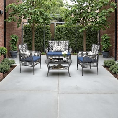 4-Piece Outdoor Wicker Patio Set with Cushions and Storage Table, PE Rattan Garden Sofa Conversation Furniture