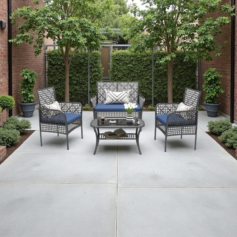 4-Piece Outdoor Wicker Patio Set with Cushions and Storage Table, PE Rattan Garden Sofa Conversation Furniture