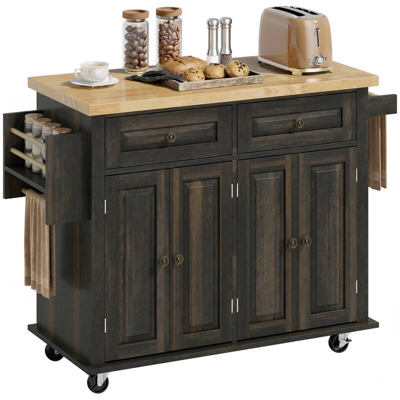 HOMCOM Kitchen Island on Wheels, Rolling Cart with Rubberwood Top, Spice Rack, Towel Rack and Drawers for Dining Room, Brown Oak