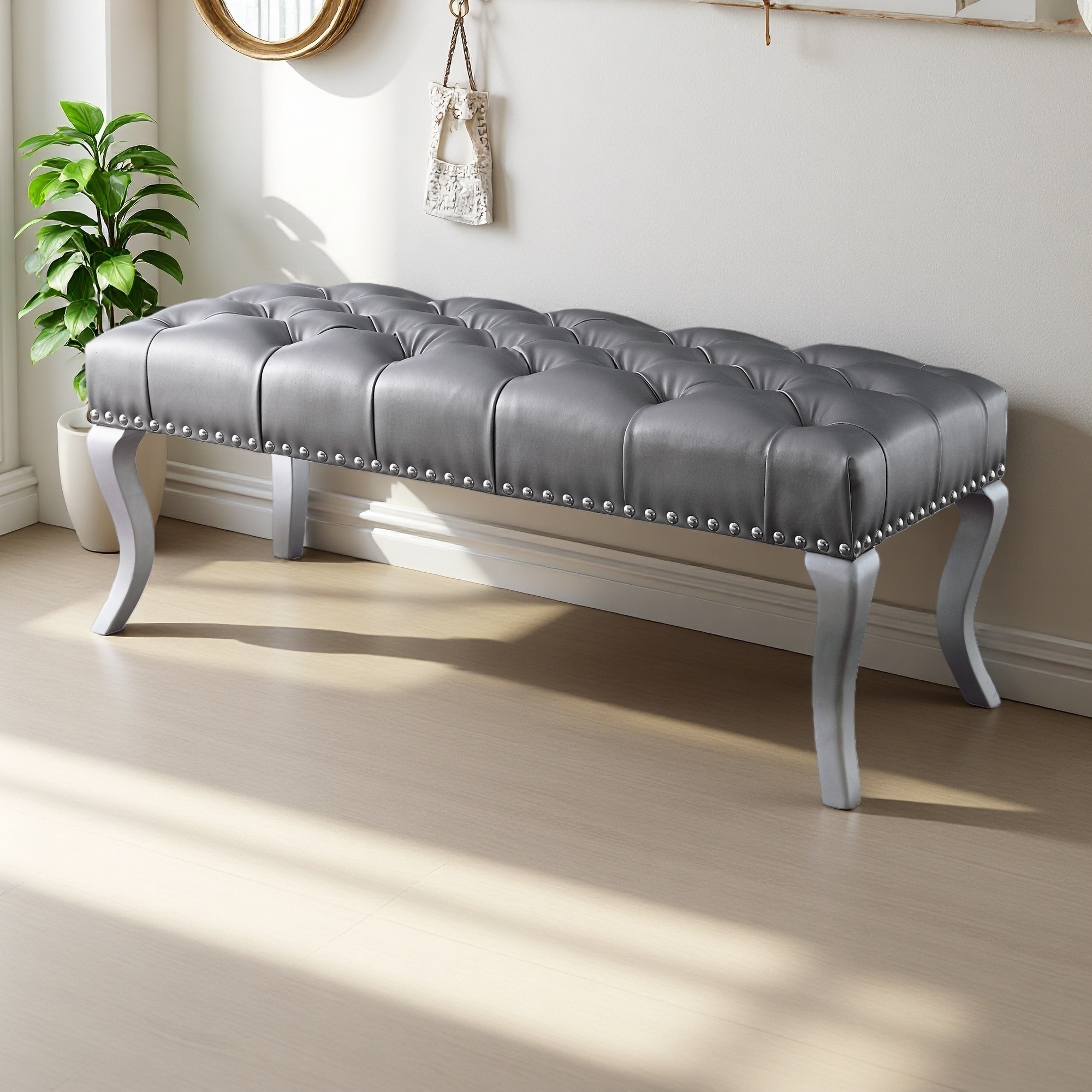 48"L Tufted Fabric Upholstered Bench, Velvet & Nailhead
