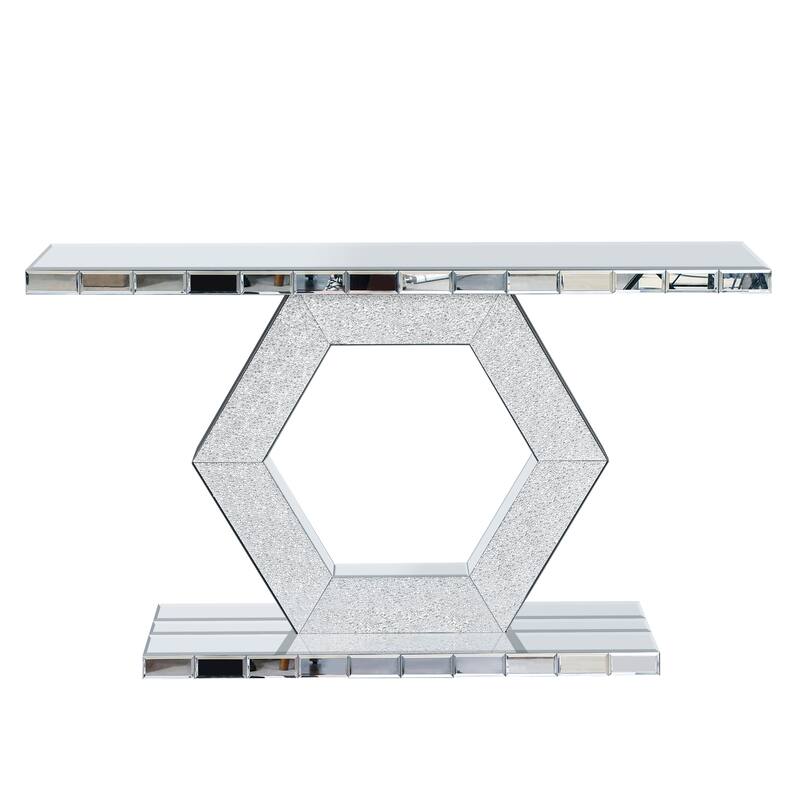 Crystal Hexagon Mirror Console Table Accent Table, Solid Wood Frame Entryway Table Foyer Table with Diamond Glass Effects