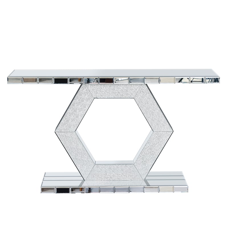 Sparkling Crystal Hexagon Mirror Entryway - Premium Modern Foyer Console Table, Dual-Tier Luxury Sofa Table