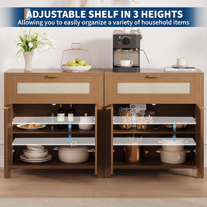 Modern Rattan Buffet Cabinet, Narrow Sideboard with Adjustable Shelves