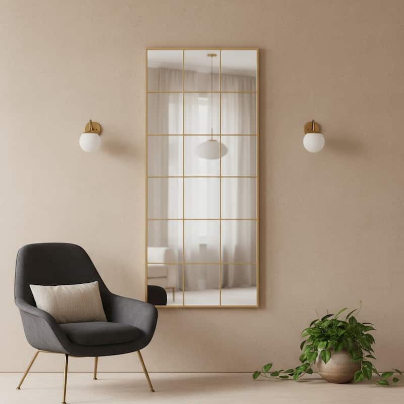 HomeRoots 69" Gold Iron Window Pane Geometric Framed Full Length Hanging Mirror - 30.00 in. x 69.00 in. x 1.05 in. - 30.00 in. x 69.00 in.  x 1.05 in.