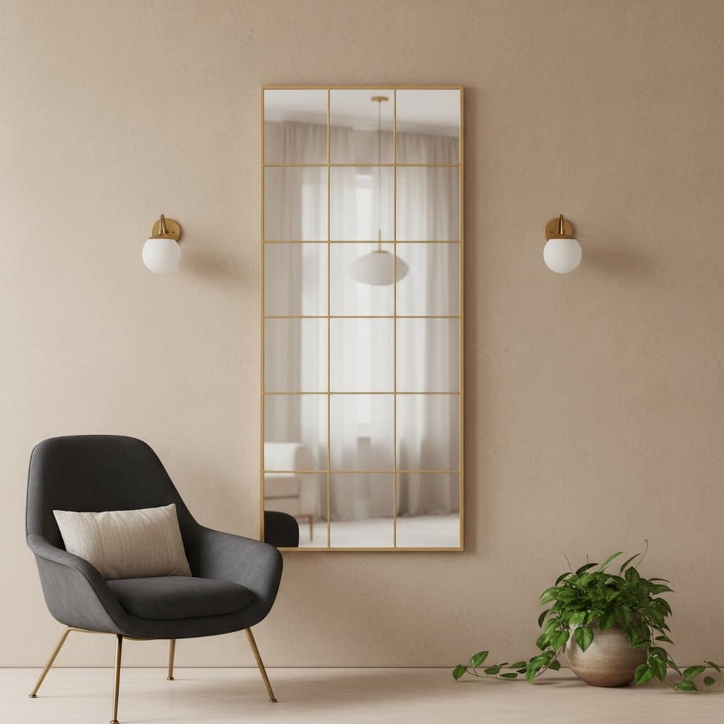 HomeRoots 69" Gold Iron Window Pane Geometric Framed Full Length Hanging Mirror - 30.00 in. x 69.00 in. x 1.05 in.