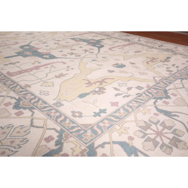 All-Over Ivory Oushak Indian Large Area Rug Handmade Wool Carpet - 12'0" x 14'10"