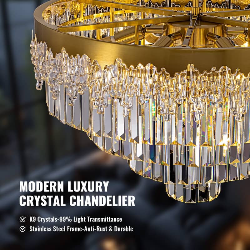 24 in. Modern 5-Tier Gold Crystal Chandelier with 11 Lights, Round Contemporary Ceiling Light for Dining Room and Living Room