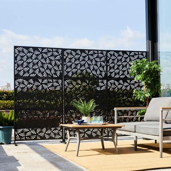 Glitzhome 6ft Galvanized Floral Patterned 3-Panel Privacy Screen