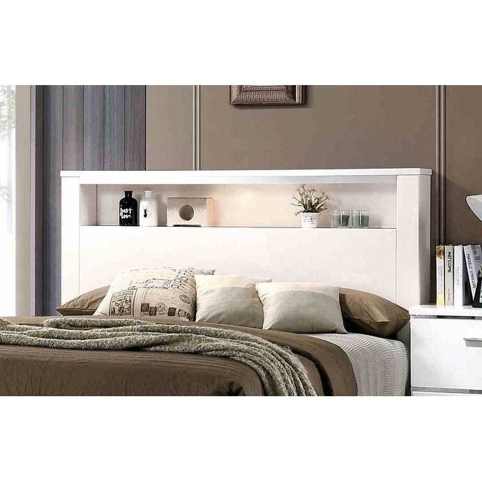 Contemporary White Finish 1PC LED Shelf Headboard Bed