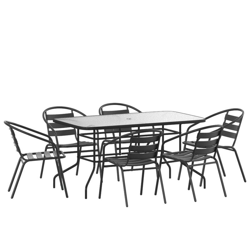 7 Piece Patio Dining Set - Glass Table, 6 Flex Stack Chairs