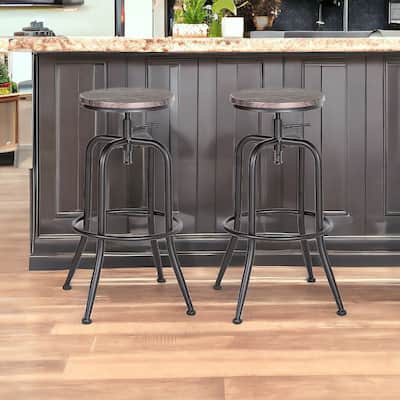 HomeRoots Set of Two Brown And Black Solid Wood And Steel Swivel Backless Counter Height Bar Chairs
