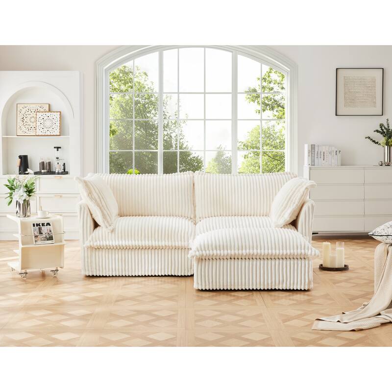 GDFStudio - Slipcovered 2-Seater 83.4" L-Shaped Corduroy Sectional Loveseat Sofa with Ottoman