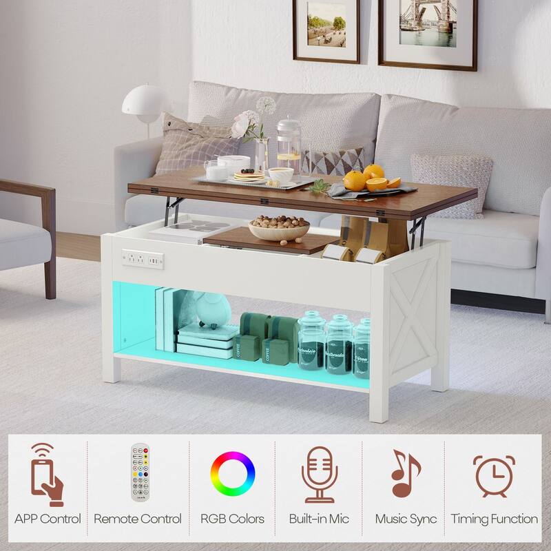 Gymojoy 42" 4-in-1 Lift Top Coffee Table with Charging & LED Lights, Farmhouse Storage Table for Living Room, Office, Dorm