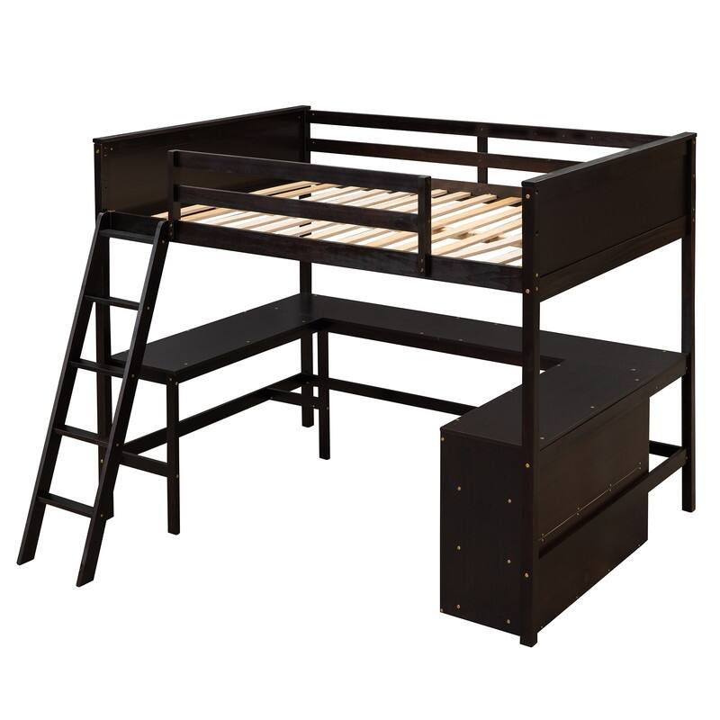 Full Size Loft Bed with Shelves and Desk, Wooden Full Loft Bed Frame with Desk