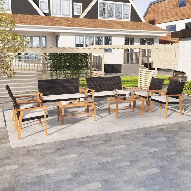 Costway 4 PCS Patio Furniture Set with Acacia Wood Coffee Table & Soft - See Details